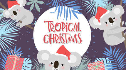 Tropical Christmas poster with fun koala bear. Merry Christmas greeting or invitation card. Editable vector illustration © miobuono