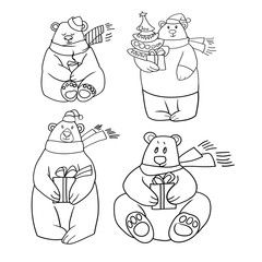 Set of line drawings in vector, greeting card, happy new year and merry christmas, polar bear, funny cartoon images