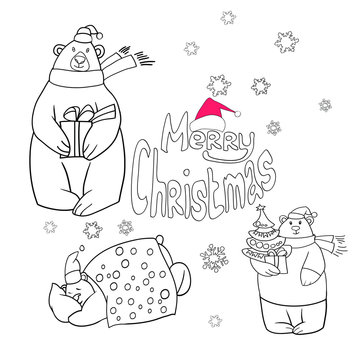 Set of line drawings in vector, greeting card, happy new year and merry christmas, polar bear, funny cartoon images