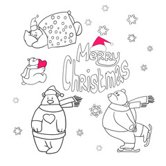 Set of line drawings in vector, greeting card, happy new year and merry christmas, polar bear, funny cartoon images