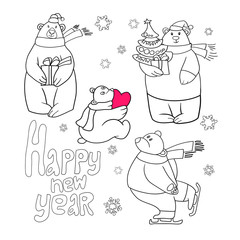 Set of line drawings in vector, greeting card, happy new year and merry christmas, polar bear, funny cartoon images