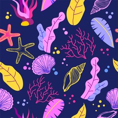 Seamless pattern with seaweed, corals and plants in cartoon style