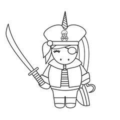 cute cartoon black and white pirate unicorn with sword vector illustration