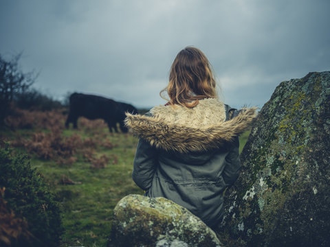 Woman on the moor looking at cow