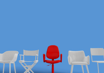 Row of chairs with one odd one out. Job opportunity. Business leadership. recruitment. 3D rendering