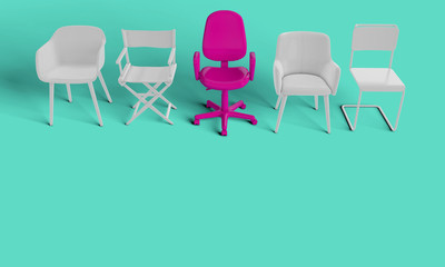 Row of chairs with one odd one out. Job opportunity. Business leadership. recruitment. 3D rendering