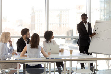 Serious millennial black mentor present company business plan to diverse employees or workers,...