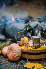 Winter picnic by the fire in nature: coffee pot, waffles, fire, stylishly served in the style of hugge.