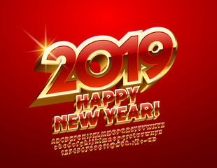 Fototapeta na wymiar Vector Happy New Year 2019 luxury Greeting Card. Rotated chic Alphabet Letters. Red and Golden 3D Font.