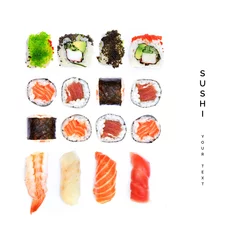 Foto auf Acrylglas Muster mit Sushi. Essen abstrakten Hintergrund. Sushi auf dem weißen Hintergrund. © StudioDFlorez