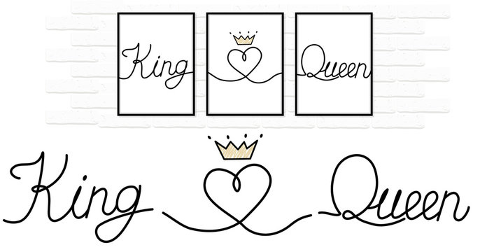 King love Queen written black ink on white pure paper. Lines connected to little heart.  Couple design decoration with crown.  Minimal vector wedding logo. Canvas printing. Gift for Valentine's Day