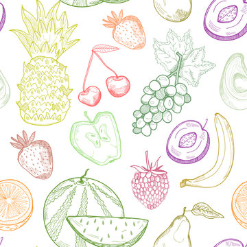 Hand drawn graphic fruits. Colored vector seamless pattern