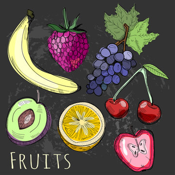 Hand drawn tasty colorful fruits. Vector set