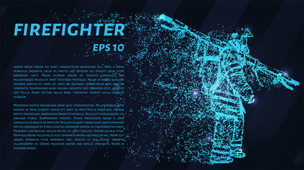 Naklejka premium Fireman from blue glowing dots. Fireman carries a stretcher.