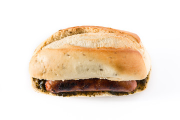 Choripan. Traditional Argentina sandwich with chorizo and chimichurri sauce. isolated on white background
