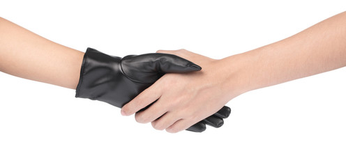 Action symbol of hand with black winter leather gloves Isolated on white background