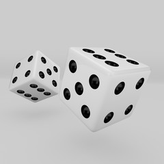 White dice with black dots hanging in half turn showing different numbers isolated on white background