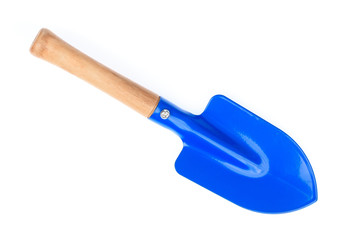 Steel shovel with a wooden handle isolated on a white background.