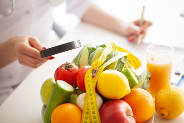 Diet. Fitness and healthy food diet concept. Balanced diet with vegetables. Concept of natural food and healthy lifestyle