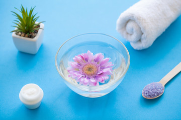 Spa. Sea Salt Grind On Wooden Light Blue Shabby Table Wooden Spoon. Kitchen And Cosmetic Healthy Usage