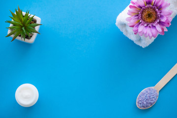 Spa. Sea Salt Grind On Wooden Light Blue Shabby Table Wooden Spoon. Kitchen And Cosmetic Healthy Usage