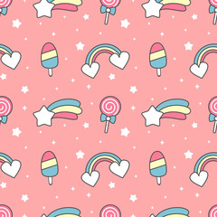cute cartoon rainbow, comet, ice cream, stars and lollipop seamless pattern on pink background