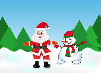 Santa Claus and Snowman in the snow forest on the background of Christmas trees. Vector illustration.