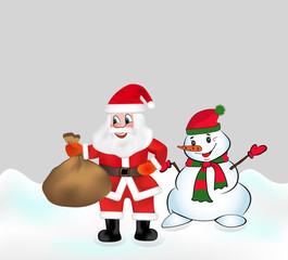 Santa Claus with keeps a bag full of gifts and Snowman. Christmas vector illustration.