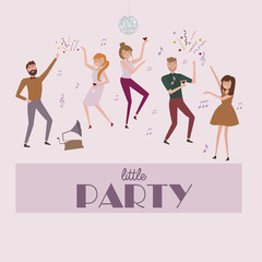 People celebrating poster. Laughing and dancing young people at party. Funny cartoon style with men and women. Editable vector illustration