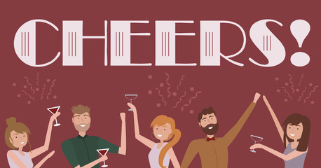 People celebrating poster. Laughing and dancing young people at party. Funny cartoon style with men and women. Editable vector illustration