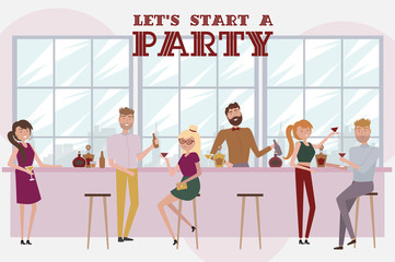 People celebrating poster. Young people at party in the bar. Funny cartoon style icons collection with men and women. Editable vector illustration