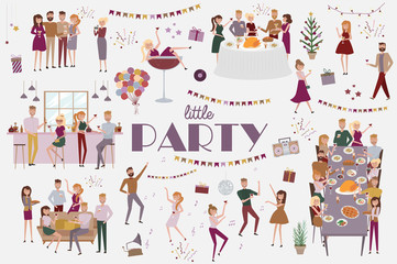 Set of people celebrating, funny cartoon style icons collection with men and women. Laughing and dancing young people at party. Editable vector 