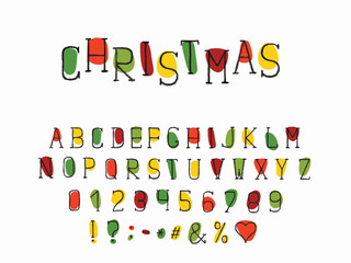 Alphabet retro design. Christmas color style. Letters, numbers and punctuation marks. Font vector typography. EPS 10