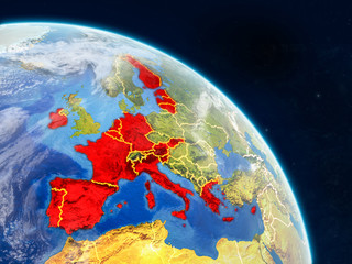 Eurozone member states from space on realistic model of planet Earth with country borders and detailed planet surface and clouds.