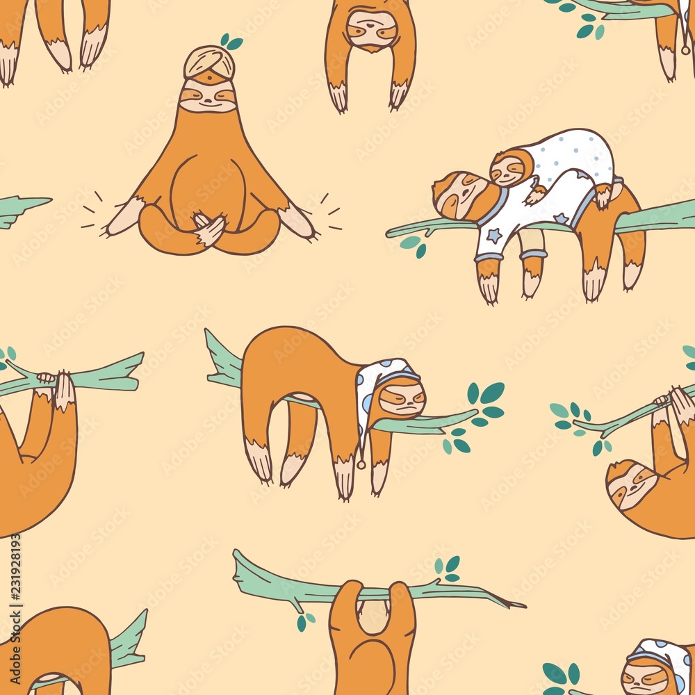 Poster seamless pattern with cute sloths sleeping, napping, dozing. backdrop with adorable lazy wild exotic