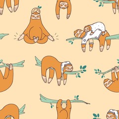 Seamless pattern with cute sloths sleeping, napping, dozing. Backdrop with adorable lazy wild exotic animal. Colored cartoon vector illustration in flat style for wrapping paper, textile print.