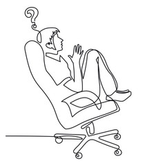 continuous line drawing of young man in an office chair reflects on work, brainstorming an employee, a designer in profile one line vector illustration.