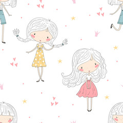 cute little girl vector seamless pattern illustration
