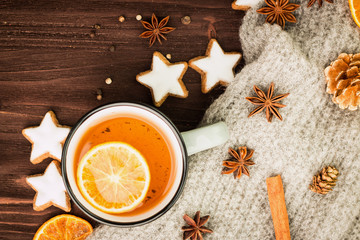 Obraz na płótnie Canvas Winter and New Year theme. Christmas tea with spices