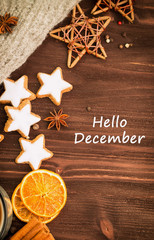 Winter and New Year theme. Spices, orange, cinnamon, anise