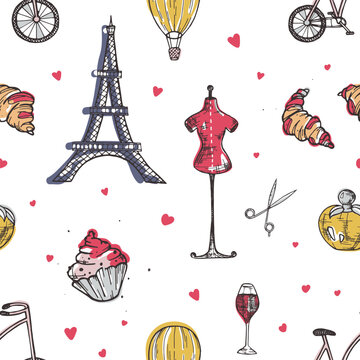 Seamless pattern with Paris and France elements - perfume, french croissant, Eiffel Tower, mannequin, glass of wine hand drawn in doodle style on white background