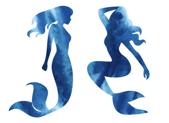 mermaid watercolor silhouette illustration on white background.