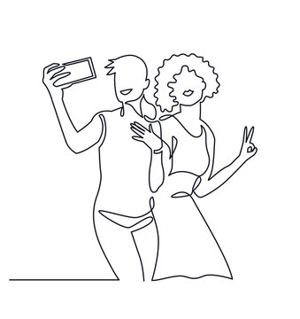 Continuous One Line Drawing of Selfie lgbt lover couple. Same love vector illustration. Happy lgbt girl holding smartphone, making selfie photo with smile and happiness