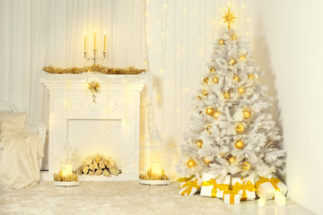 Christmas Tree and Fireplace, Gold Color Decorated Room Interior, Xmas Fireside Light Presents Gifts