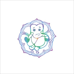 Color and white drawing of an elephant on a background of an ornament. Ganesha indian deity