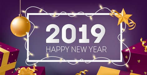 Happy New Year holiday banner template with frame decorated by light garland, bauble, star and festive presents on purple background. Colorful realistic vector illustration for celebration party.
