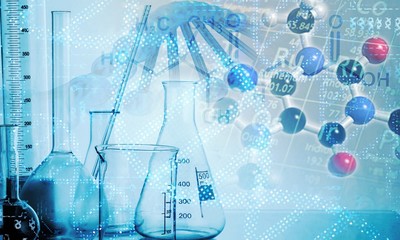 Science laboratory test tubes, chemical flasks. Element Periodic