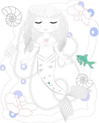 Coloring book for children: little mermaid and sea world