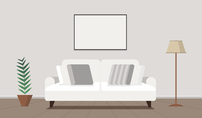 Living room flat Interior. Design with couch and picture. Vector background. 