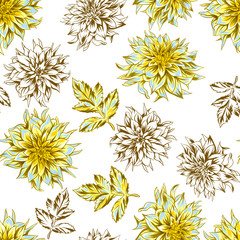 Obraz premium Seamless pattern with fluffy yellow dahlias.